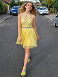 A-Line/Princess Sleeveless Halter Tulle Applique Short/Mini Homecoming Dresses TPP0004828