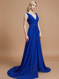 A-Line/Princess Sleeveless V-neck Chiffon Sweep/Brush Train Bridesmaid Dresses TPP0005308