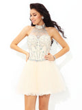 A-Line/Princess Halter Beading Sleeveless Short Satin Cocktail Dresses TPP0008188