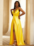 A-Line/Princess Silk like Satin Ruched V-neck Sleeveless Sweep/Brush Train Dresses TPP0001614