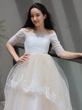 A-Line/Princess Lace Ruffles Off-the-Shoulder 1/2 Sleeves Sweep/Brush Train Junior/Girls Bridesmaid Dresses TPP0005885