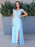 A-Line/Princess Floor-Length Off-the-Shoulder Sleeveless Chiffon Applique Dresses TPP0001475