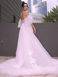 A-Line/Princess Tulle Applique Sweetheart Short Sleeves Court Train Wedding Dresses TPP0006133