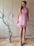 A-Line/Princess Short Sleeves Organza Sheer Neck Applique Short/Mini Homecoming Dresses TPP0004782