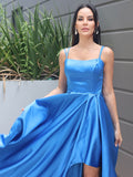 A-Line/Princess Satin Ruffles Spaghetti Straps Sleeveless Sweep/Brush Train Dresses TPP0001696