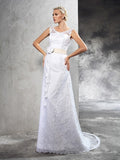 Sheath/Column Sheer Neck Hand-Made Flower Sleeveless Long Satin Wedding Dresses TPP0006901