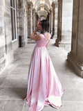 A-Line/Princess Sleeveless V-neck Silk like Satin Ruffles Sweep/Brush Train Dresses TPP0004223