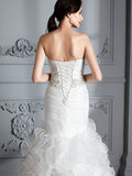 Trumpet/Mermaid Sweetheart Sleeveless Ruffle Sweep/Brush Train Satin Wedding Dresses TPP0006209