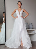 A-Line/Princess Lace Ruffles V-neck Sleeveless Sweep/Brush Train Wedding Dresses TPP0006454