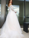 A-Line/Princess Long Sleeves Tulle Applique Off-the-Shoulder Court Train Wedding Dresses TPP0005989