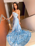 A-Line/Princess Satin Hand-Made Flower Strapless Sleeveless Sweep/Brush Train Dresses TPP0001585