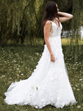 A-Line/Princess Sleeveless Organza V-neck Applique Sweep/Brush Train Wedding Dresses TPP0006149