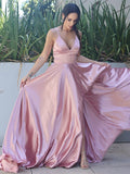 A-Line/Princess Silk like Satin Ruffles V-neck Sleeveless Sweep/Brush Train Dresses TPP0001612