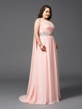 A-Line/Princess One-Shoulder Rhinestone Sleeveless Long Chiffon Plus Size Dresses TPP0002809