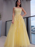 A-Line/Princess Spaghetti Straps Applique Sleeveless Tulle Floor-Length Dresses TPP0001378