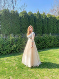 A-Line/Princess Beading Tulle Floor-Length V-neck Long Sleeves Dresses TPP0004723