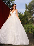 A-Line/Princess Sleeveless V-neck Tulle Sequin Sweep/Brush Train Dresses TPP0001483