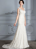 Trumpet/Mermaid Sleeveless V-Neck Lace Sweep/Brush Train Wedding Dresses TPP0006374