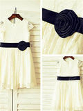 A-line/Princess Scoop Short Sleeves Hand-made Flower Tea-Length Lace Flower Girl Dresses TPP0007929