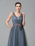 A-Line/Princess Straps Sash/Ribbon/Belt Sleeveless Long Net Bridesmaid Dresses TPP0005595