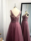 A-Line/Princess Sleeveless Tulle Floor-Length Applique V-neck Dresses