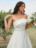 A-Line/Princess Satin Ruched Strapless Sleeveless Sweep/Brush Train Wedding Dresses TPP0007016