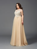 A-Line/Princess Scoop Rhinestone Sleeveless Long Net Plus Size Dresses TPP0002995