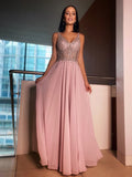 A-Line/Princess Chiffon V-neck Sleeveless Beading Floor-Length Dresses TPP0003642