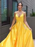 A-Line/Princess Satin Ruffles V-neck Sleeveless Sweep/Brush Train Dresses