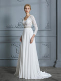 A-Line/Princess 3/4 Sleeves V-neck Lace Sweep/Brush Train Chiffon Wedding Dresses TPP0006390