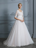 Ball Gown V-neck Court Train 1/2 Sleeves Lace Tulle Wedding Dresses TPP0006340