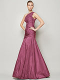 A-Line/Princess One-Shoulder Sleeveless Pleats Long Taffeta Bridesmaid Dresses TPP0005085