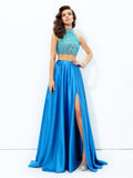 A-line/Princess High Neck Beading Sleeveless Long Satin Two Piece Dresses TPP0002851