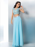 A-Line/Princess Sheer Neck Applique Short Sleeves Long Chiffon Two Piece Dresses TPP0002721