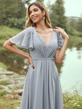 A-Line/Princess Chiffon Ruffles V-neck Short Sleeves Floor-Length Bridesmaid Dresses TPP0004977