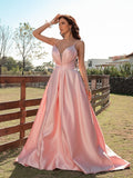 A-Line/Princess Satin Ruched V-neck Sleeveless Sweep/Brush Train Dresses TPP0001442