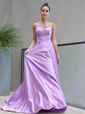 A-Line/Princess Satin Ruffles Sweetheart Sleeveless Sweep/Brush Train Dresses