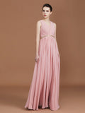 A-Line/Princess Lace Sleeveless Floor-Length Chiffon Ruched V-neck Bridesmaid Dresses TPP0005862