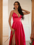 A-Line/Princess Silk like Satin Ruched V-neck Sleeveless Sweep/Brush Train Dresses TPP0001389