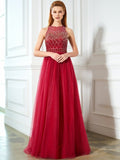 A-Line/Princess Scoop Sleeveless Floor-Length Beading Tulle Dresses TPP0002908