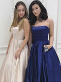 A-Line/Princess Strapless Sleeveless Sweep/Brush Train Beading Satin Dresses TPP0002465