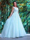 A-Line/Princess Scoop Sleeveless Tulle Applique Sweep/Brush Train Dresses TPP0001530