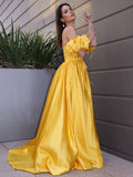 A-Line/Princess Satin Ruffles Off-the-Shoulder Short Sleeves Sweep/Brush Train Dresses TPP0004625