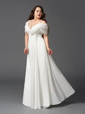 A-Line/Princess Off-the-Shoulder Ruched Short Sleeves Long Chiffon Plus Size Dresses TPP0001920