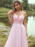 A-Line/Princess Chiffon Applique Scoop Short Sleeves Floor-Length Bridesmaid Dresses TPP0004951