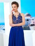 A-Line/Princess Sleeveless Sheer Neck Chiffon Applique Sweep/Brush Train Dresses TPP0003142