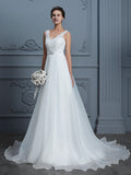 A-Line/Princess V-neck Sleeveless Floor-Length Lace Chiffon Wedding Dresses TPP0006395