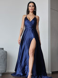 A-Line/Princess Satin Ruched V-neck Sleeveless Sweep/Brush Train Dresses