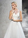 A-Line/Princess Sheer Neck Beading Sleeveless Long Net Wedding Dresses TPP0006614