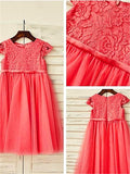 A-line/Princess Scoop Short Sleeves Lace Tea-Length Tulle Flower Girl Dresses TPP0007881